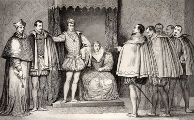 II. Francois (1544-60) azt mondja a parlamenti képviselőknek, hogy Guise hercege és a bíboros fogja irányítani az államot Colart „Histoire de France” című művéből, amely 1840 körül jelent meg. alkotó: French School