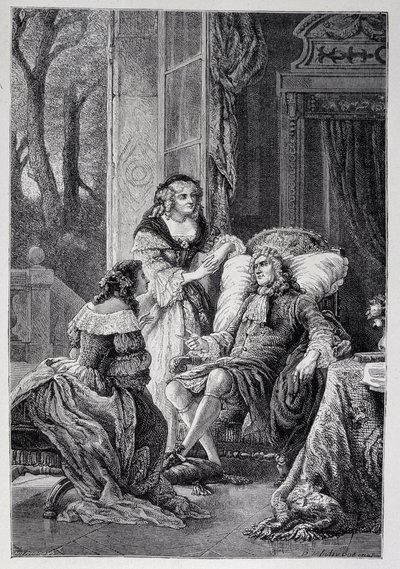 Francois de la Rochefoucauld (1613-1680) Mademoiselle de Sevigne-nel (Marie de Rabutin-Chantal), Marquise de Sevigne dit Madame de Sevigne-nel (1626-1696) és Marie-Madeleine-nel (Marie Madeleine) Pioche de La Vergne-i grófnőkkel beszélget (Madame of the F alkotó: French School