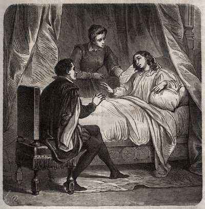 Francoise de Foix, Chateaubriant grófnője (kb. 1495-1537), beteg, ágyban fogadja Clement des Marets dit Marot (1496-1544), 1. Francois inasát. Metszet 1871-ből Henry de Kock (1819-1892) „Histoire Des Cocus Celebres” c. alkotó: French School