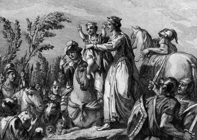 Fredegonde (545-597), Neustria királynője, karjában fiát, a leendő II. Clotharyt (584-628); 584. 18. századi metszet. alkotó: French School