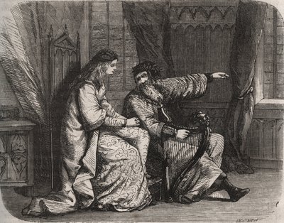 Fredegonde (545-597) aggodalmait Barbantini hárfásnak bízza, mert szerelme, Chilperic (akkor még I. Chilperic frankok királya (543-597)) nem vette feleségül. 565. Metszet 1871-ből a „Histoire Des Cocuses Celebres” c. Henry de Kock (1819-1892) alkotó: French School