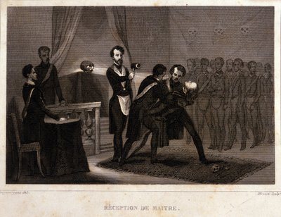 Freemaking: a Mester fogadása és beavatási rítusa. Metszet a "Picturesque Histoire de la Franc Maconnerie et des Societes Secretes antique et modernes" című könyvből, írta: F.-T. B. Clavel. Pagnerre, szerkesztő. 1843. alkotó: French School