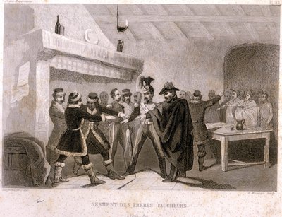 Szabadkőművesség: a potoki aratótestvérek esküje 1821-ben. Metszet a „Festői Histoire de la Franc Maconnerie et des Societes Secretes antique et moderne” című könyvéből, F.-T. B. Clavel. Pagnere, szerkesztő. 1843. alkotó: French School