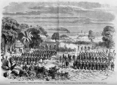 Francia gyarmatok (Szenegál) 1865: Expedíció Casamance-ban. Guimberingi csata, A falu elfoglalása, az ellenség által megszállt dűnék elleni támadás epizódja. alkotó: French School