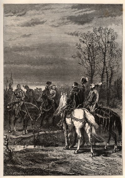 Francia vallásháborúk – 1569. október Vallásháború – A moncontouri csatát megelőző megbeszélések (Henri, Anjou hercege, III. Henrik és II. Gáspár Coligny – A moncontouri csata (1569. október) – metszet a „”-ből Franciaország története mesélte el nak nek alkotó: French School
