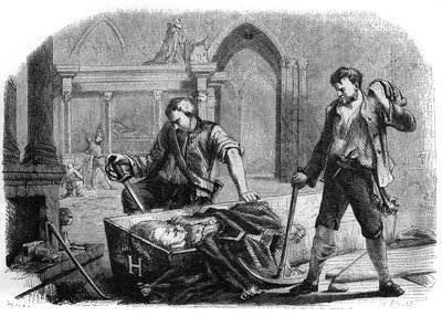 Francia forradalom (egyezmény): IV. Henrik király (1553-1610) koporsójának felnyitása a Saint Denis-templom királyi sírjainak meggyalázása során 1793-ban. Metszet 1860-ból. alkotó: French School