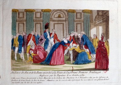 Francia forradalom: „” XVI. Lajos és Marie Antoinette közönsége 1789.11.15-én Francois Boulanger mészárlás özvegyének adományozta a lakosság 1789.10.21-én”” Metszet a 18. századról. Párizs, az Arzenál könyvtára alkotó: French School