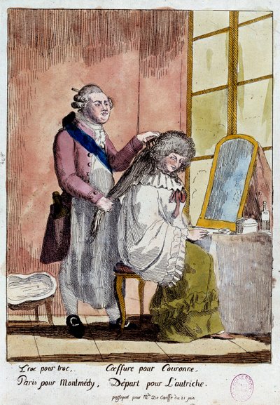 Francia forradalom: A királyi család Varenne-ba való menekülése 1791. június 20-án és 21-én: Lajos király XVI stílusú Marie Antoinette királynőnek a Korff bárónő gyermekei nevelőnőjének hamis útlevelével kellett volna távoznia. Anonymus colou alkotó: French School