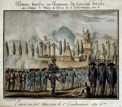 Francia forradalom: „” Funebre pumpa ceremóniája Lazare Hoche tábornok (1768-1797) tiszteletére a párizsi Champs de Mars-on 6. év péntek 10-én” 1797. metszet. Versailles, Lambinet múzeum alkotó: French School