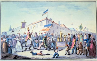 Francia forradalom: „A megalakult nép maszlaga papi ruhába öltözött””. Névtelen akvarell. 1793. Párizs, L