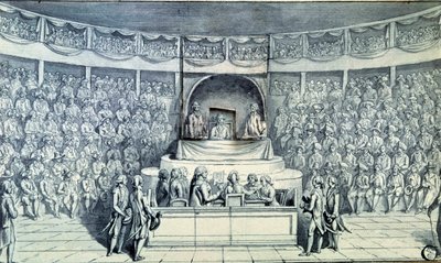 Francia forradalom: Az élen álló XVI. Lajos királyt (1754-1793) Antoine Barnave (1761-1793) kihallgatja a Nemzeti Konvent előtti tárgyalása során, amely 1793. január 21-én dönt a halálos ítéletéről. Névtelen rajz 1793 körül. Párizs, Louvre Múzeum alkotó: French School
