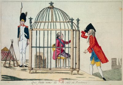 Francia forradalom: „Mit csinálsz, bűnbánatot tartok” XVI. Lajos király (1754-1793) ábrázolja ketrecben 1791. júniusi varennes-i repülésének előestéjén. Szatirikus metszet Párizs, Arzenál könyvtára alkotó: French School