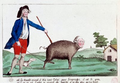 Francia forradalom: rajzfilm, amely egy forradalmárt ábrázol, aki XVI. Lajost visszahozza a menet disznó alakjába, és nem tudja, mit kezdjen vele. 1792. Anonymous coloriee rézkarc, Sun 14x22.8 Paris, Musee Carnavalet alkotó: French School