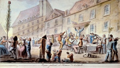 Francia forradalom: testvéri étkezés a szabadság tiszteletére 1793 júniusában. Hazafiak és párizsiak ünnepelték a Libertét. Ebben az időszakban jelent meg először a „Szabadság, egyenlőség, testvériség” mottó. Akvarell 1793-ból. Párizs, Arzenál könyvtára alkotó: French School