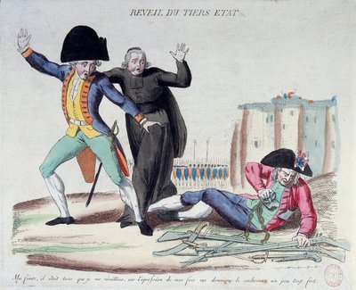 Francia forradalom: a harmadik állam ébredése (Harmadik állam). Karikatúra a három rendről. A hadsereg és a papság rémült szemei alatt szabadult meg láncaitól. Francia metszet 1789-ből. Párizs, B.N. alkotó: French School