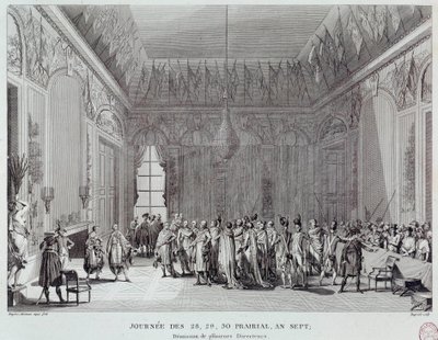 Francia forradalom: a VII. év 28., 29. és 30. napja, amely 1799. június 18-án Emmanuel-Joseph Sieyes abbé (1748-1836) puccsához (vagy a zsinatok bosszújához) vezetett. és több Thermidori rendező távozását látta. Metszet o alkotó: French School