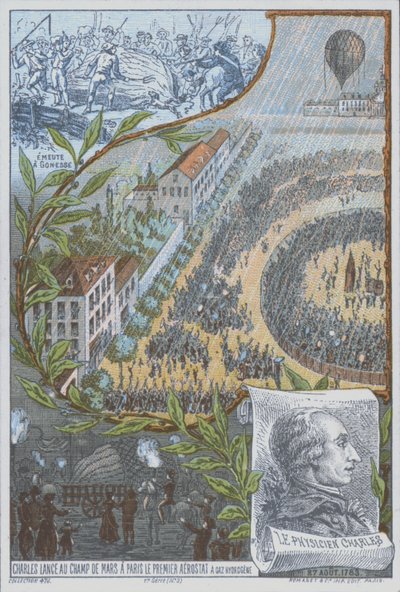 Jacques Charles francia ballonos az első hidrogénballont indítja a párizsi Champ de Mars-ról augusztus 27-én alkotó: French School