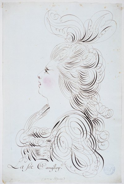 Francia kalligráfia: Polignac hercegnőjének arcképe Bernard de Paris akvarelljével kiemelve 1780 körül. Párizs városának történelmi könyvtára. alkotó: French School