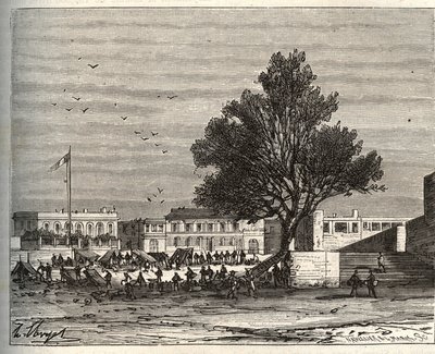 Francia gyarmatok Afrikában - Place du gouvernement a Goree - metszet a „La France illustree: földrajz, történelem, statisztikai igazgatás” című könyvében, V.A. Maláta-barna. 1884 alkotó: French School