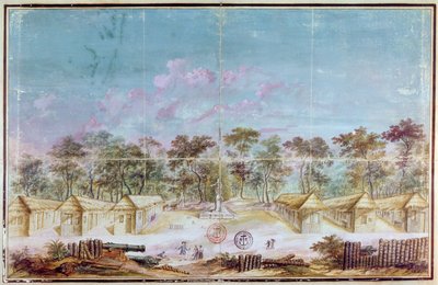 Francia gyarmatosítók letelepedése Kourou tengerpartján, Guyana 1763-ban (wc papíron) alkotó: French School