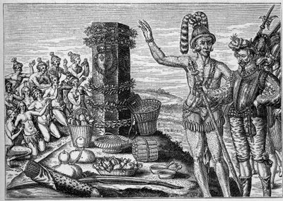 Francia gyarmat Amerikában: A floridaiak szeretik Rene de Laudonniere emlékoszlop-erigee-jét a francia protestáns gyarmatok elleni 1564-es spanyol támadások emlékére. Egy 16. századi metszetről. A „La Marine et les colonies: kereskedelem” című könyvben alkotó: French School