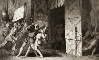 Francia lovagok megtámadnak egy angolok által birtokolt várost a 100 éves háború alatt Colart „Histoire de France” című könyvéből, amely 1840 körül jelent meg alkotó: French School