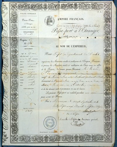 Francia útlevél, Besanconból, 1854. szeptember 20 alkotó: French School