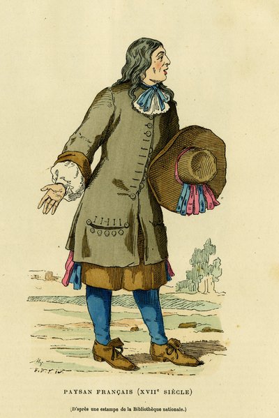 Francia paraszti viselet a 18. században. Színes metszet a nemzeti bibliotéka nyomtatványa után, Augustin Challamel, F. Roy szerkesztő, „France et les francais a travers les centuries” című könyvében, Párizs 1882. Selva Collection. alkotó: French School