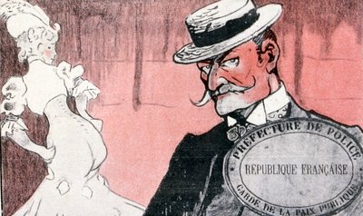 A francia rendőrség egy prostituáltat vizsgál meg, mielőtt letartóztatta volna. 19. századi Franciaország. Francia illusztráció 1890 alkotó: French School