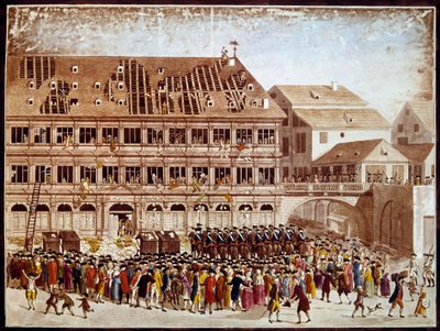Francia forradalom: a strasbourgi városháza kifosztása 1789.07.20-án. Névtelen nyomtatás. Paris, B.N. alkotó: French School