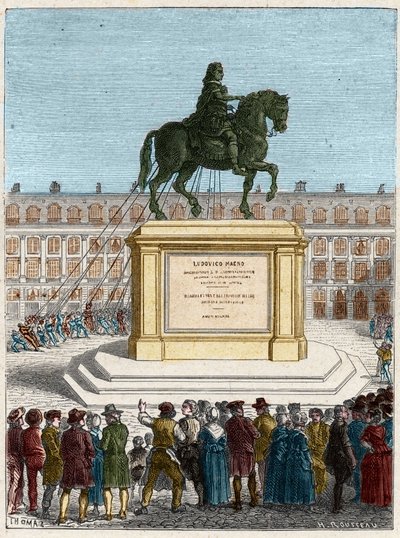 Francia forradalom: XIV. Lajos király (1643-1715) szobrának megdöntése, a párizsi Place Vendome alkotó: French School