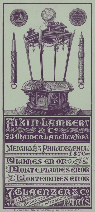 Aikin Lambert tollak, tolltartók és tolltartó ceruzák (litho) reklámozása francia szakmai kártyákkal alkotó: French School