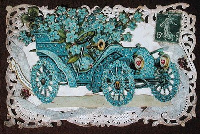 Virágokkal borított autót ábrázoló barátság üdvözlőlap, XX. század eleje (színes litó)_ alkotó: French School