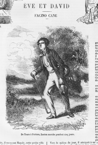 Tourstól Poitiers-ig, Lucien de Rubempre öt napig sétál, illusztrációja a „Les Illusions perdues” című könyvéből, Honore de Balzac alkotó: French School