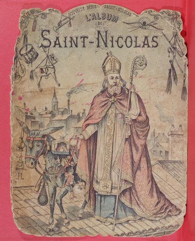 A gyerekeknek ajándékot hozó Szent Miklóst ábrázoló képesalbum előlapja, 19. század vége (színes metszet) alkotó: French School