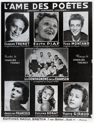 A LAme des Poetes című dal partitúrájának első borítója Charles Trenet szavaival és zenéjével, amelyet Párizsban adott ki az Editions Raoul Breton alkotó: French School