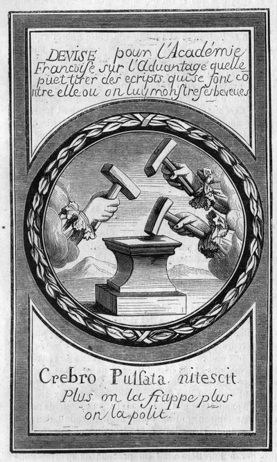 Antoine Furetiere (1619-1688) a „Factumok” frontisze a Francia Akadémiával szemben. Metszet 1860-ból. alkotó: French School