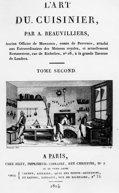 Antoine Beauvilliers LArt du Cuisinier előlapja, Jubin metszete, 1814-ben megjelent alkotó: French School