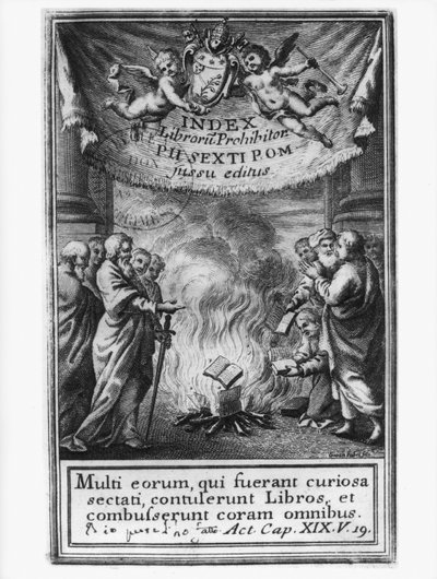 A könyvjegyzék előlapja, amely egy auto da fe-t ábrázol, 1786 alkotó: French School