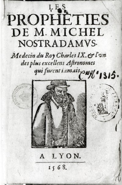 Les Propheties de M. Michel de Nostradamus (1503-66) előképe Nostradamus portréjával, 1568-ban Lyonban alkotó: French School