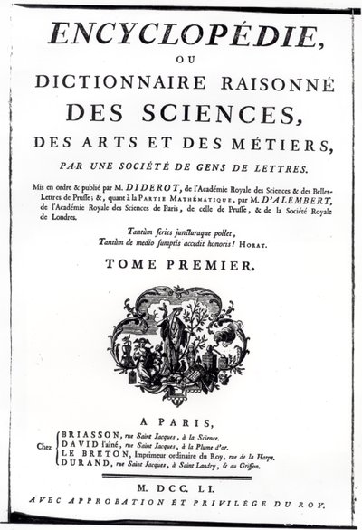 Denis Diderot (1713-84) 1751-ben Párizsban kiadott The Encyclopedia of Science, Art and Engineering előlapja alkotó: French School