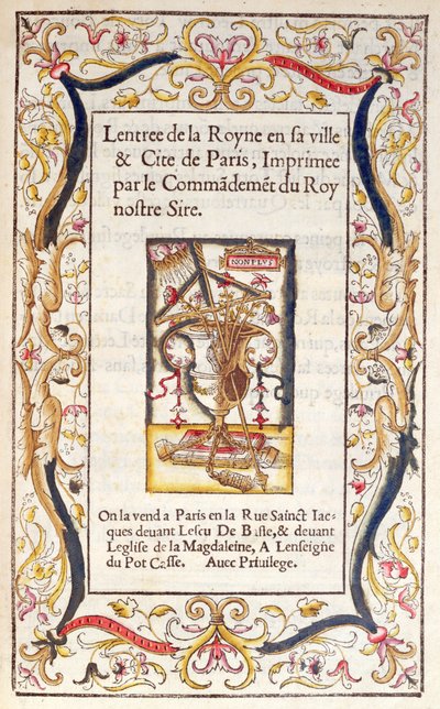 A Marguerite de Navarre (1492-1549) 1531-es Párizsba való beutaztatásáról szóló könyv előlapja alkotó: French School