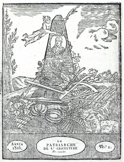 Egy mezőgazdasági almanach homlokzata Olivier de Serres (1539-1619) portréjával, 1816 alkotó: French School
