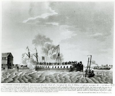 Fultons gőzhajtású hadihajó, a Fulton the First, amelyet Robert Fulton tervezett és épített New York védelmére az 1812-es háborúban (bw fotó a 19. század eleji metszetről) alkotó: French School
