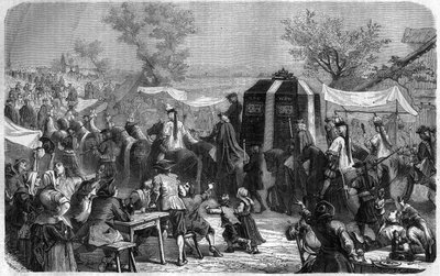 XIV. Lajos temetése 1715-ben. Metszet a „Pápák-királyok-királynők és császárok története évszázadokon keresztül” című könyvébe, Maurice Lachatre alkotó: French School