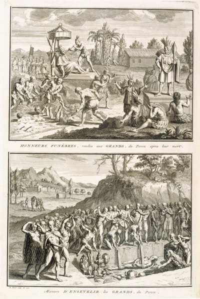Temetési szertartások és az urak haláluk utáni temetésének módja Peruban, illusztráció a Vallási szertartásokból és szokásokból, metszett: Bernard Picart (1673-1733) 1722 alkotó: French School