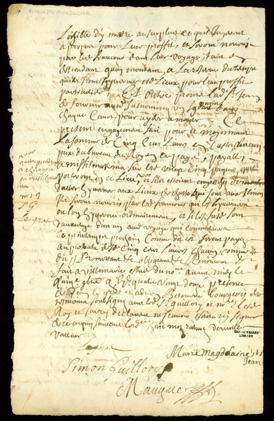Szőrmekereskedelmi szerződés Francois Francoeur és négy utas között áruszállításról és hódcsontok vásárlásáról Michilimackinacban és Chicagóban, 1692 (lásd még: 332318) alkotó: French School