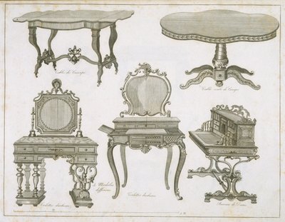 Lefevre-Chauveaux bútortervei, a Dessins de Meubles albumból, fekete-fehér gravírozás alkotó: French School