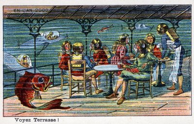 Futuredays: A 2000-es év tizenkilencedik századi víziója – „” sorozat 2000-ben”: Lásd a teraszt (a tenger alatt). Kromolitográfia, Villemard alkotó: French School