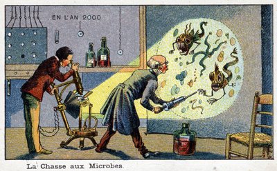 Futuredays: A 19th Century Vision of the Year 2000 Sorozat: A mikrobák vadászata (2 tudós gép segítségével távolítja el a megnagyobbodott mikrobákat). Kromolitográfia, Villemard alkotó: French School
